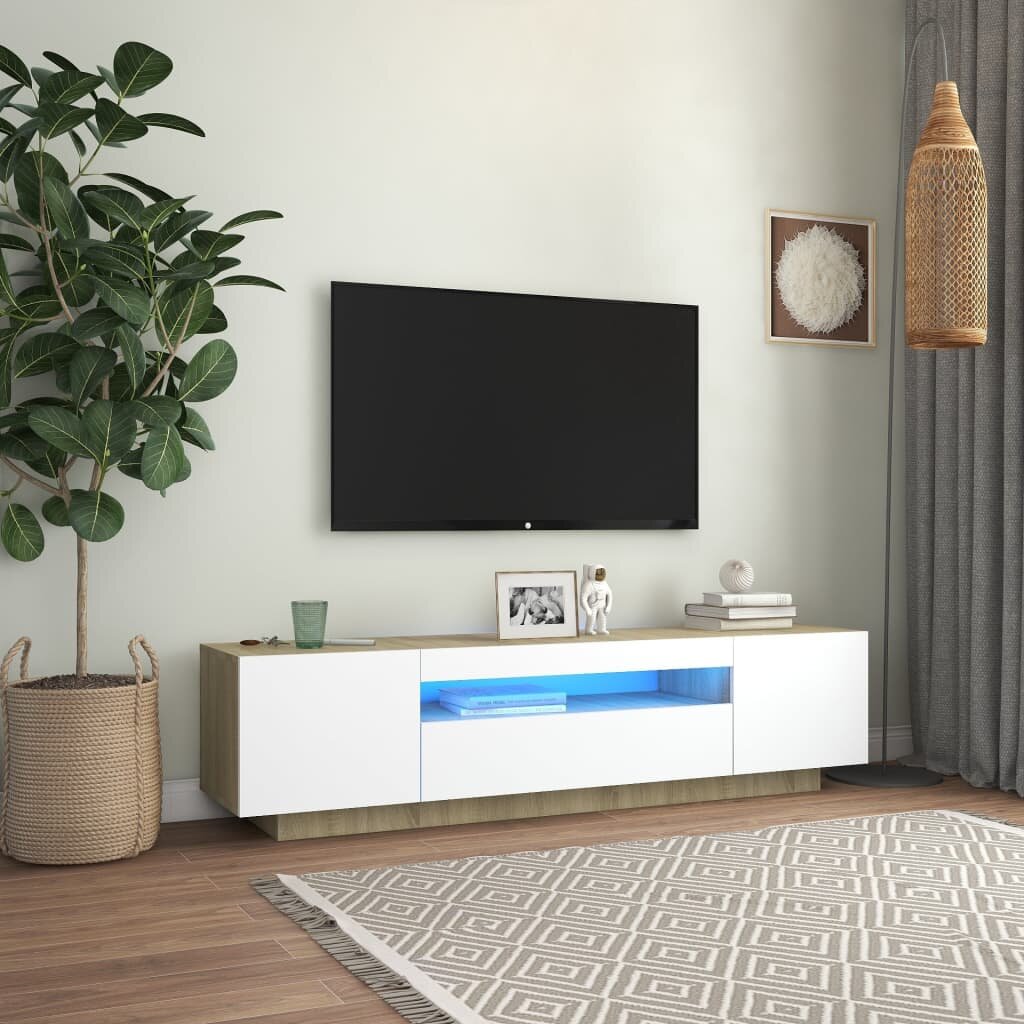 Image of 804432TV Cabinet with LED Lights White and Sonoma Oak 63"x14"x16"