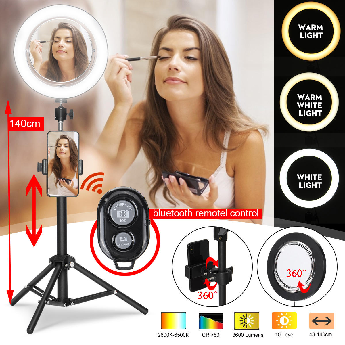 Image of 866" Live Stream Makeup Mirror Selfie LED Ring Light Fill-in Light With Remote Control Cell Phone Holder