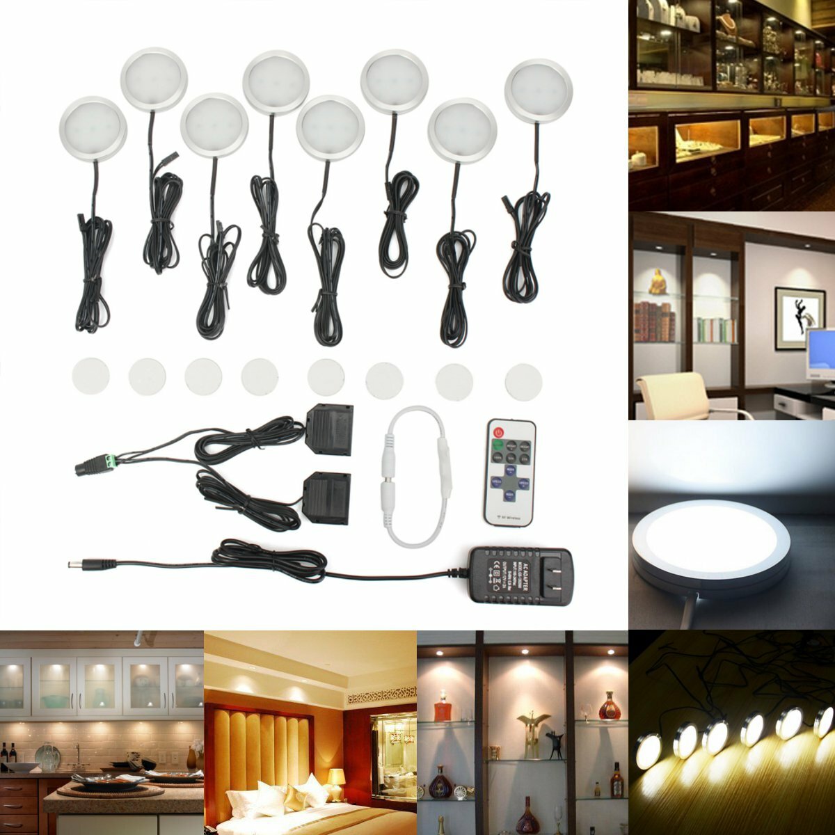 Image of 8PCS LED Cabinet Light White Dimmable Kitchen Counter Under Puck RF Wireless Remote Control + Power Supply