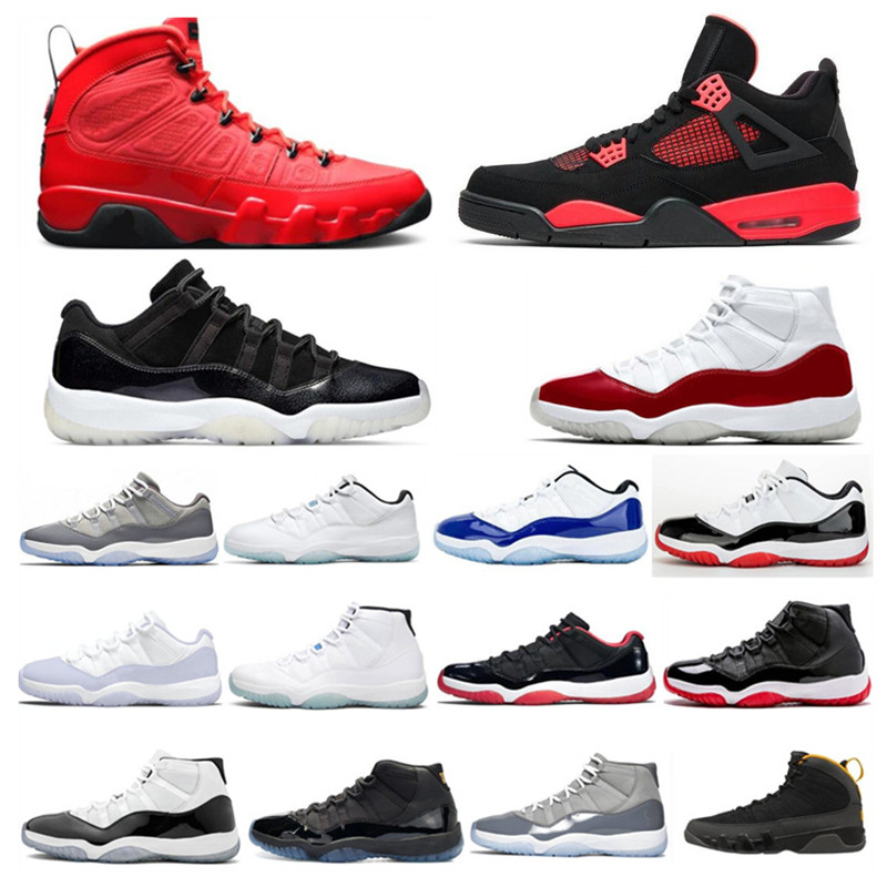Image of 9 Particle Grey 11s 11 Cherry Low 72-10 Mens Basketball Shoes 9s Chile Red Pantone 25th Anniversary 4s Thunder Bred Mid Navy Cap and Gown Pr