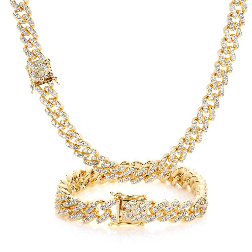 Image of 9mm Hip Hop Cuban Chain Necklace Bracelets Jewelry Set Bling 18k Real Gold Plated Tennis Chains