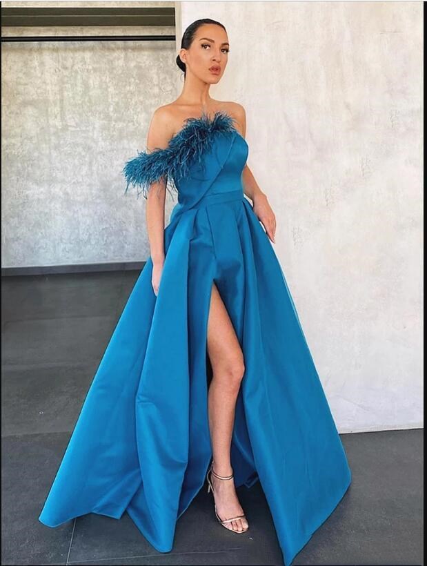 Image of A Line Blue Prom Dresses Feather High Side Split Floor Length Formal Evening Dress Satin Ruffles Arabic Party Gowns