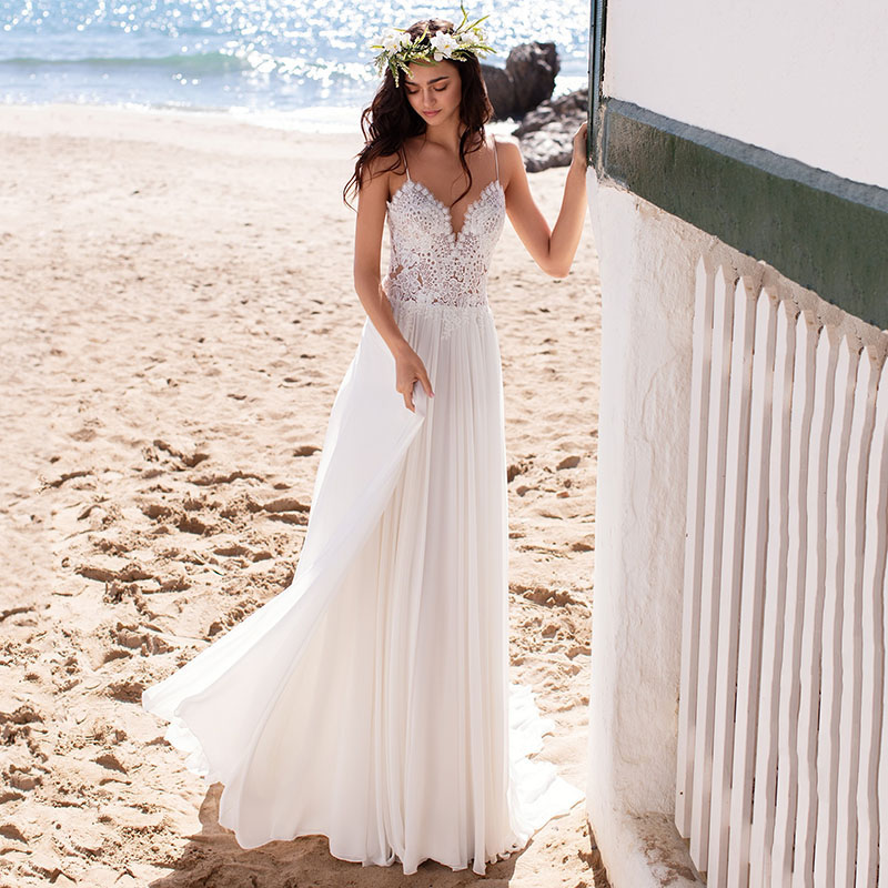 Image of A-Line Gowns Wedding Dresses White Lace Beach Boho Appliques Bridal Spaghetti Straps vestido de noiva Backless Chiffon