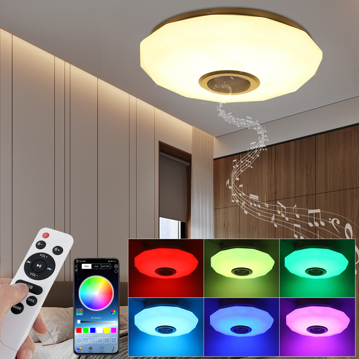 Image of AC180-265V Modern RGBW LED Ceiling Light bluetooth App Music Speaker Lamp + Remote Control