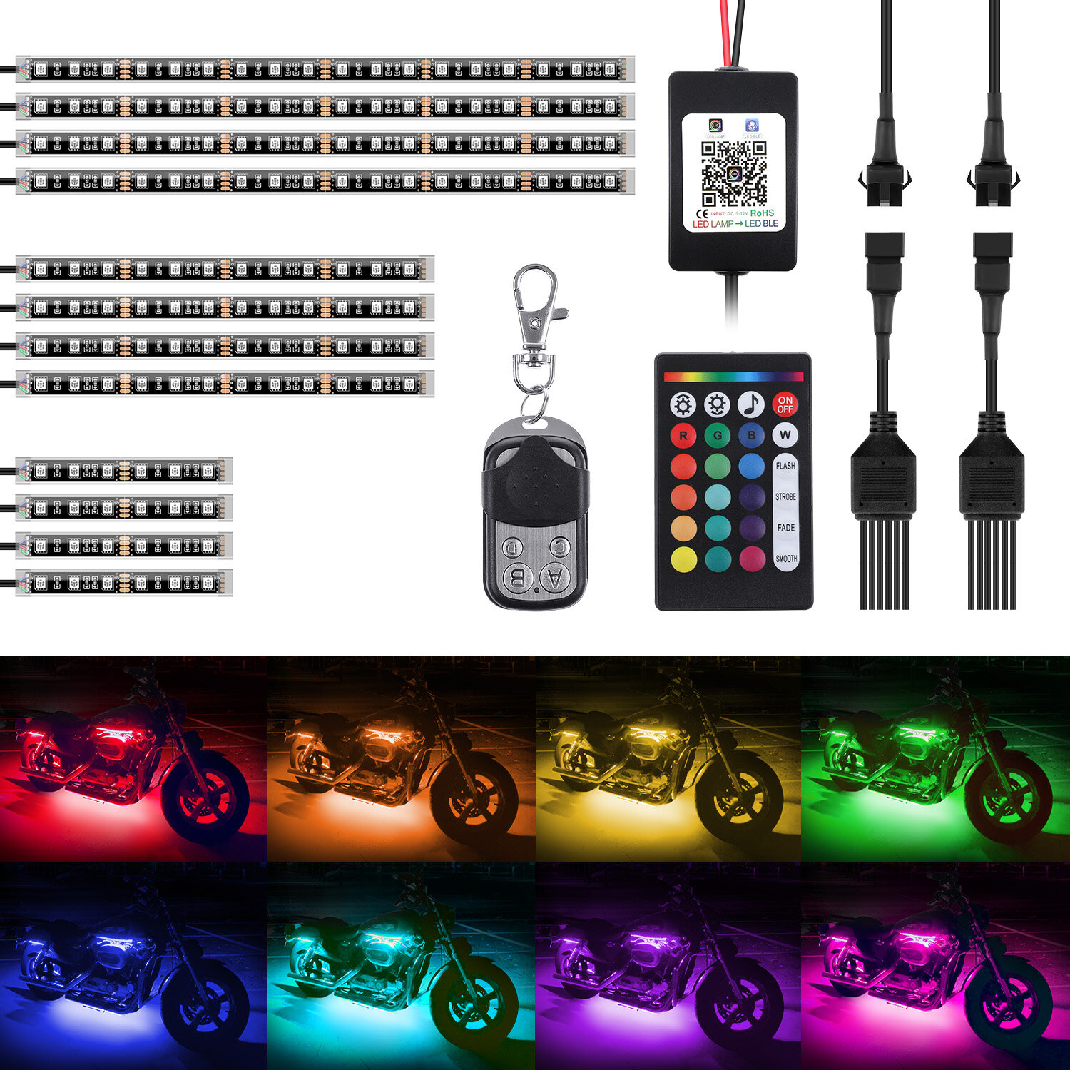 Image of AMBOTHER 12Pcs Motorcycle LED Light Kit Strips RGB Waterproof with APP IR RF Wireless Remote Controllers Multi-Color Und