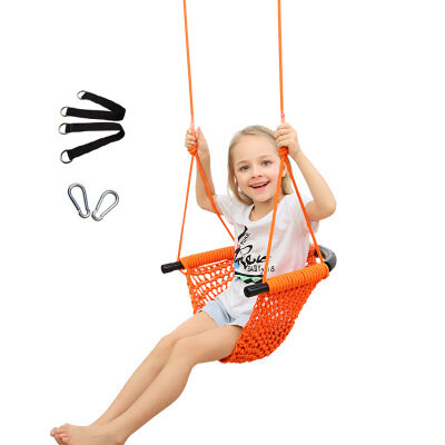 Image of Adjustable Kids Swing Chair Set Handmade Woven Rope Net Hammock Children Garden Backyard Hanging Chair Indoor Outdoor To