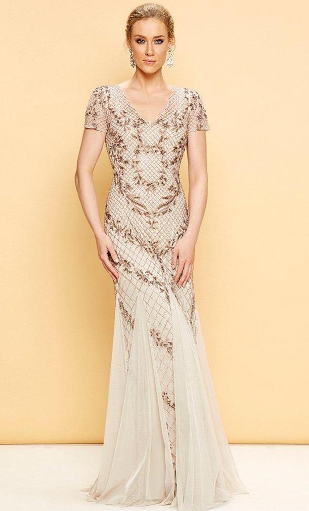 Image of Adrianna Papell - AP1E201532 Short Sleeve Beaded Mermaid Gown