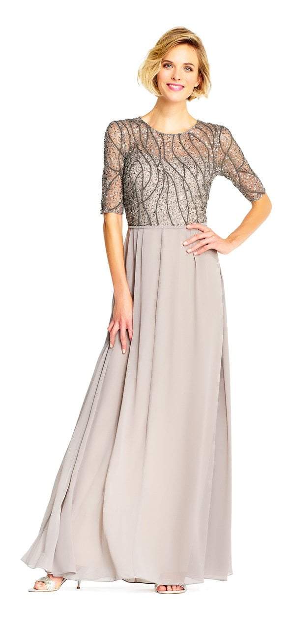 Image of Adrianna Papell - AP1E202210 Elbow Sleeves Beaded Chiffon Gown