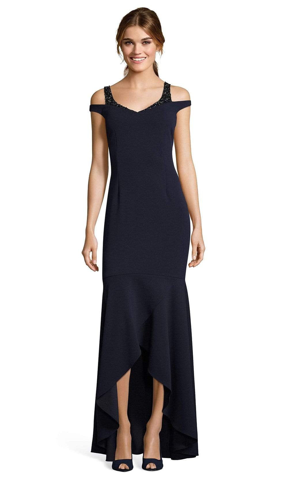 Image of Adrianna Papell - AP1E202959 V-Neck Fitted Trumpet High Low Dress