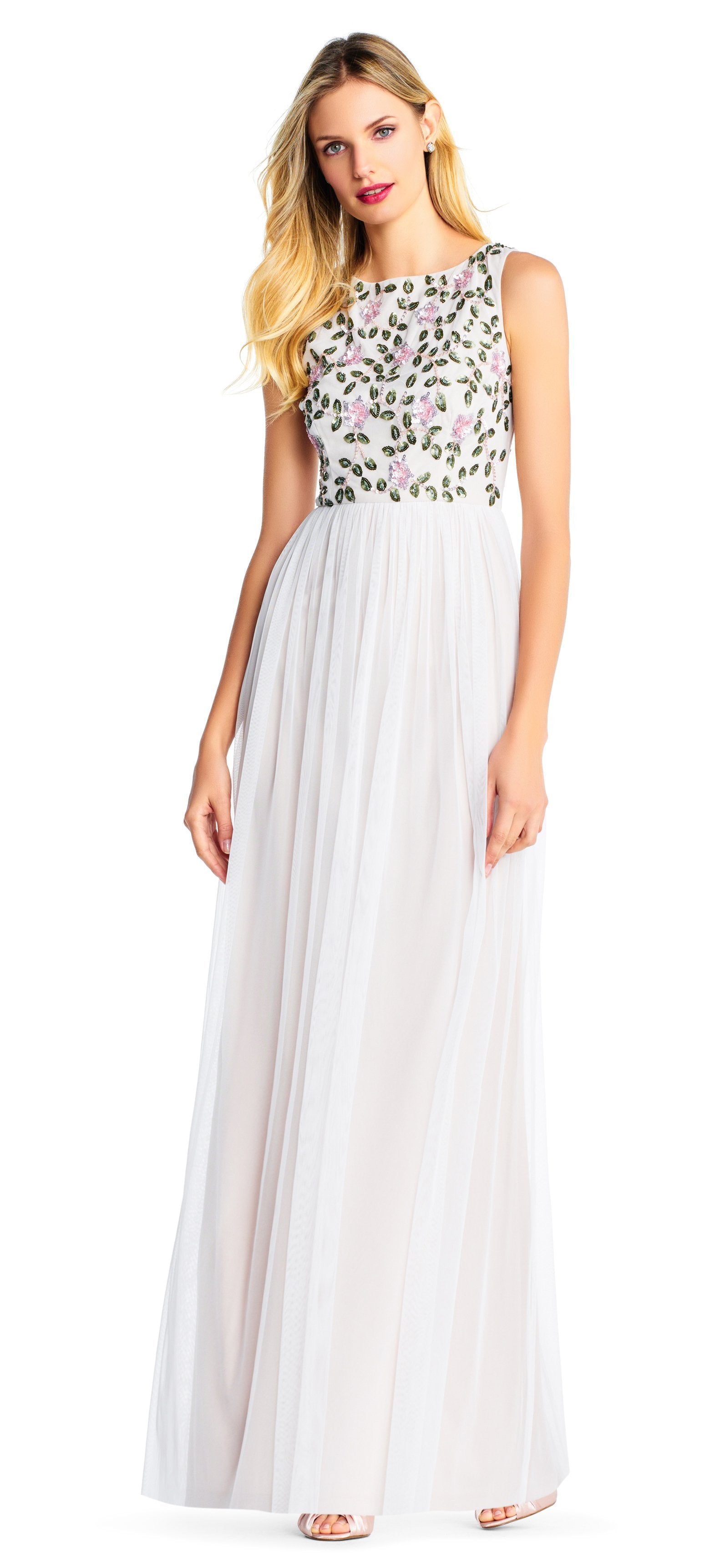 Image of Adrianna Papell - AP1E203409 Bedazzled Bateau Mesh A-line Dress
