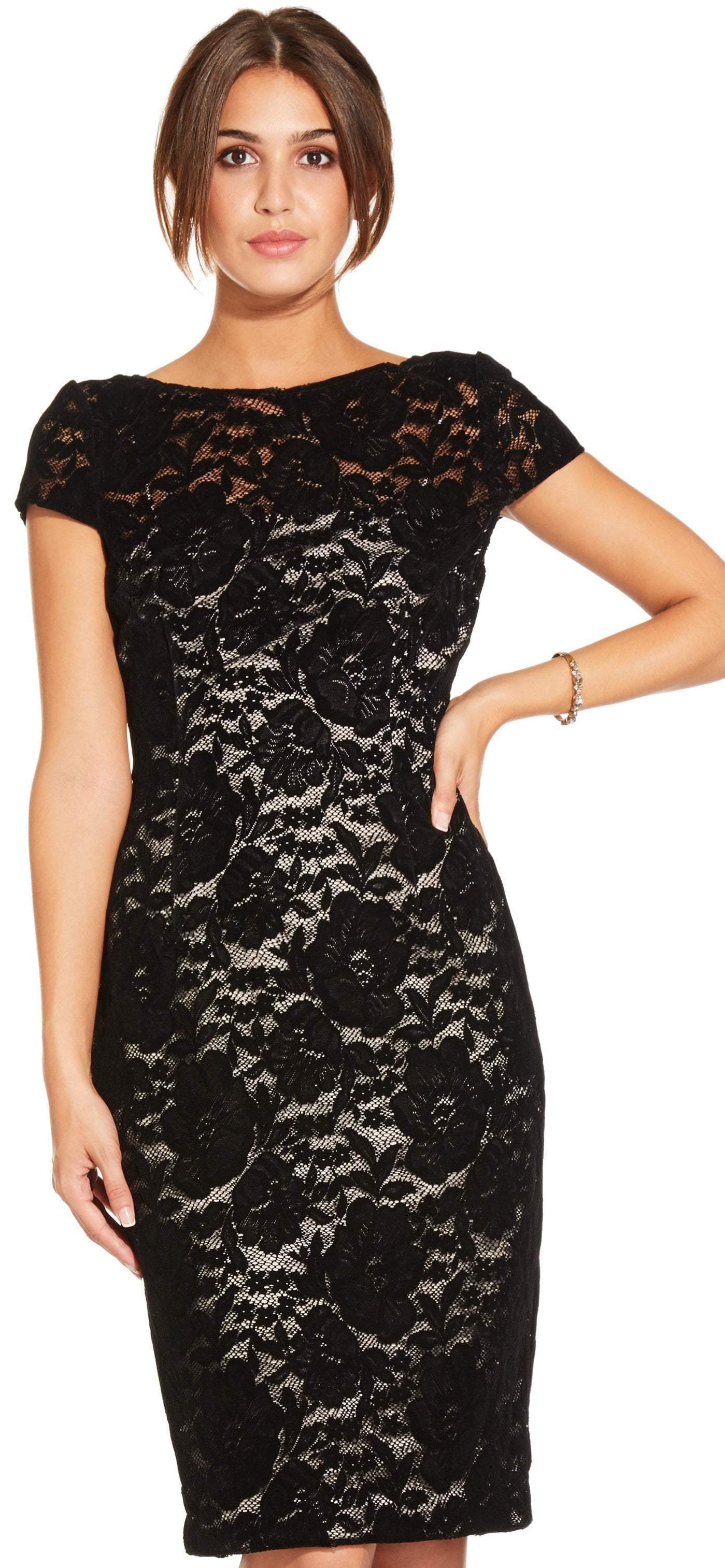 Image of Adrianna Papell - AP1E204098 Floral Lace Cap Sleeve Sheath Dress