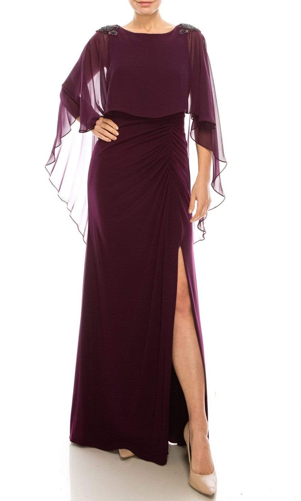 Image of Adrianna Papell - AP1E206514 Ruched High Slit Sheer Cape Evening Dress