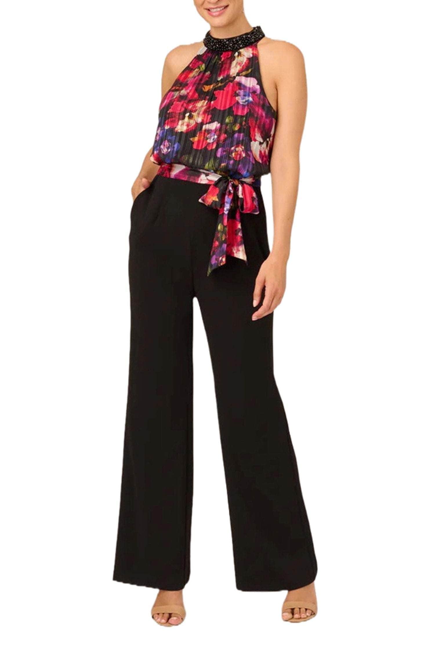 Image of Adrianna Papell AP1E210757 - Pleated Floral Print Halter Pantsuit