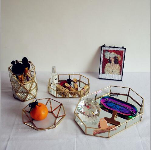 Image of Afternoon tea decorative tray Storage Baskets Cake dessert plate Jewelry earring receptacle Nordic retro copper strip inlaid glass plates