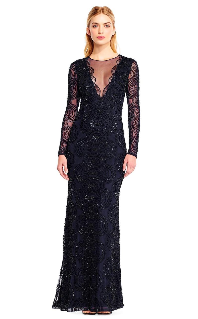 Image of Aidan Mattox - MD1E201413 Long Sleeve Illusion Plunge Cutout Gown