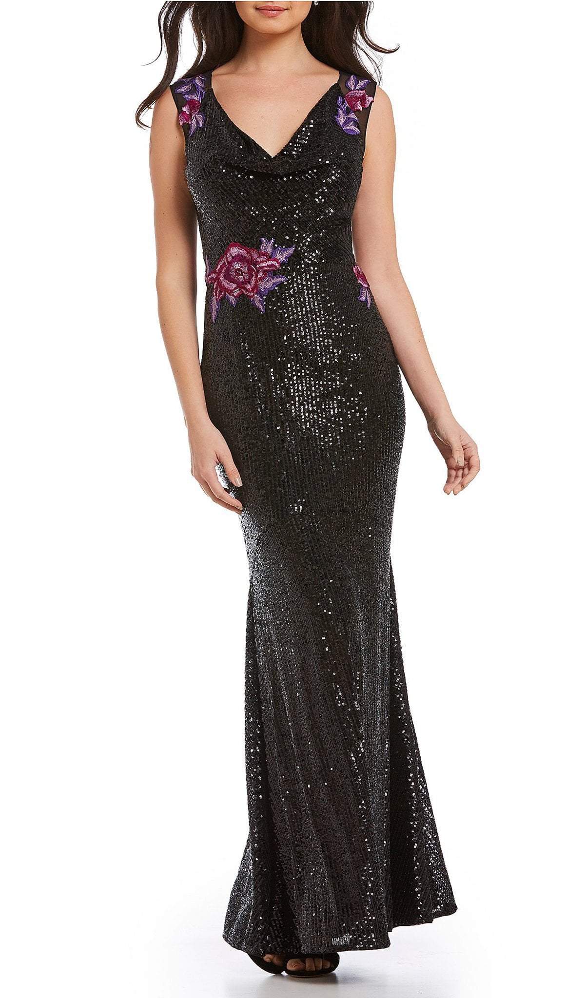 Image of Aidan Mattox - MD1E201740 Floral Embellished V-Neck Sheath Gown