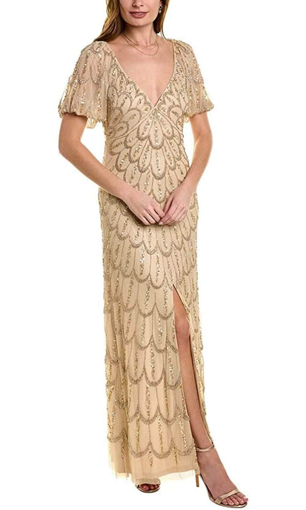 Image of Aidan Mattox MD1E207203 - V Neck Gold Feather Print Dress