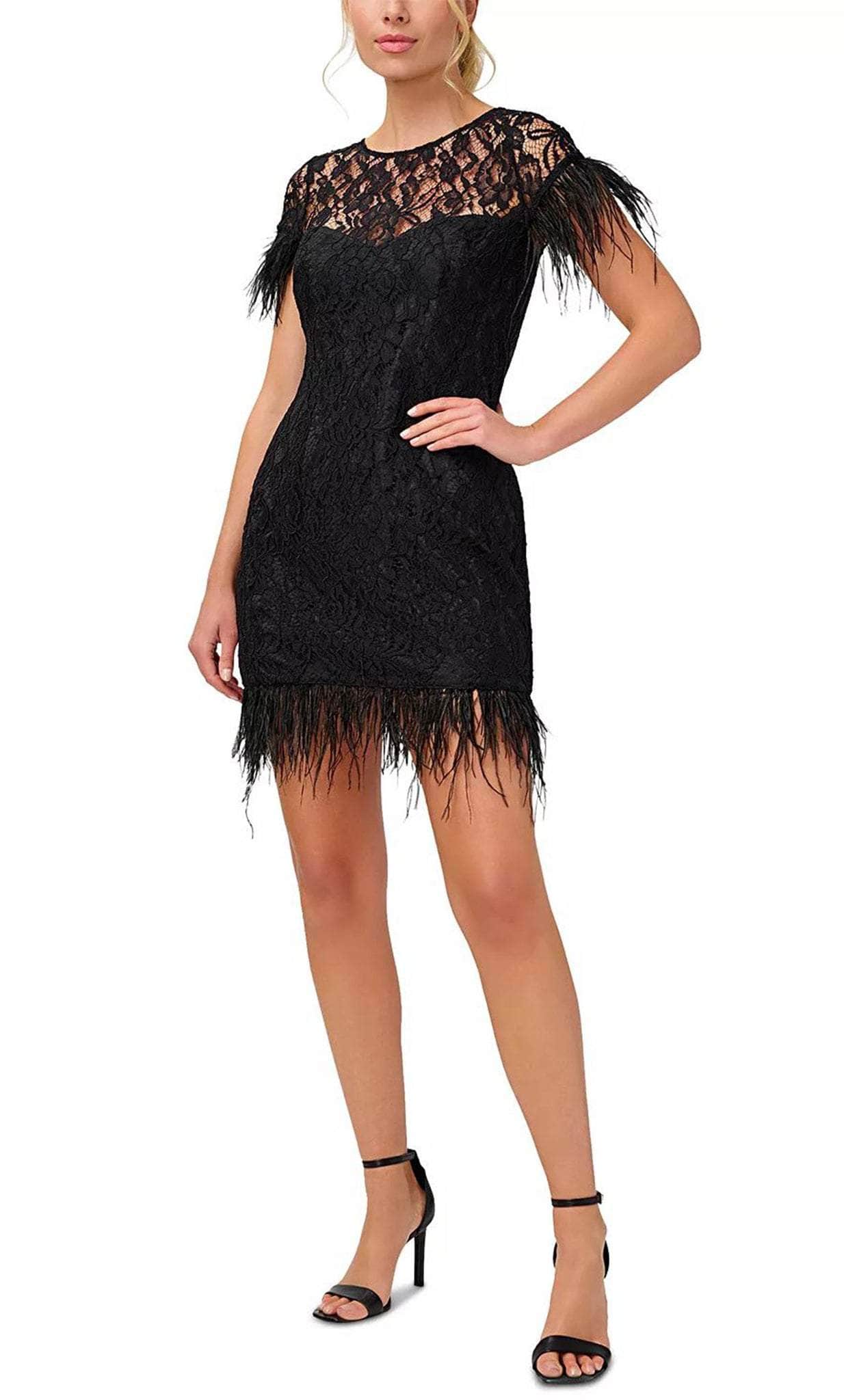 Image of Aidan Mattox MN1E207483 - Lace Applique Feather Detailed Cocktail Dress