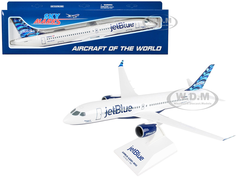 Image of Airbus A220-300 Commercial Aircraft with Landing Gear "JetBlue Airways" (N3044J) White with Blue Tail (Snap-Fit) 1/100 Plastic Model by Skymarks