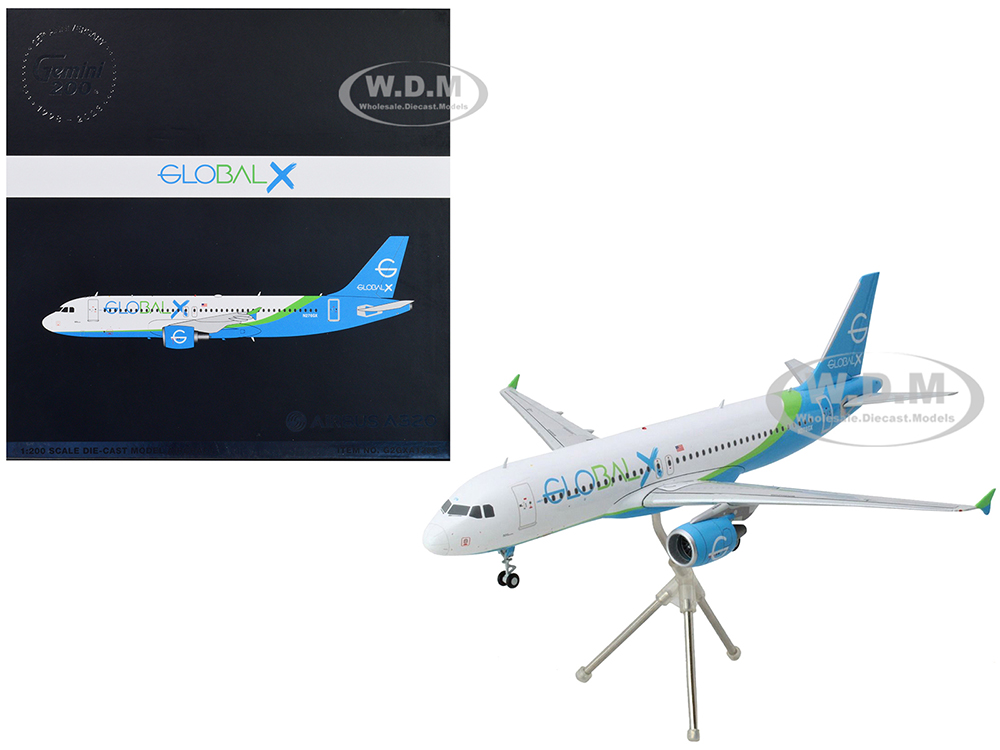 Image of Airbus A320 Commercial Aircraft "GlobalX Airlines" White with Blue and Green Tail "Gemini 200" Series 1/200 Diecast Model Airplane by GeminiJets