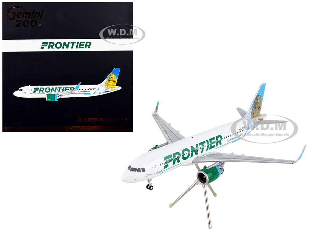 Image of Airbus A320neo Commercial Aircraft "Frontier Airlines - Poppy the Prairie Dog" White with Graphics "Gemini 200" Series 1/200 Diecast Model Airplane b