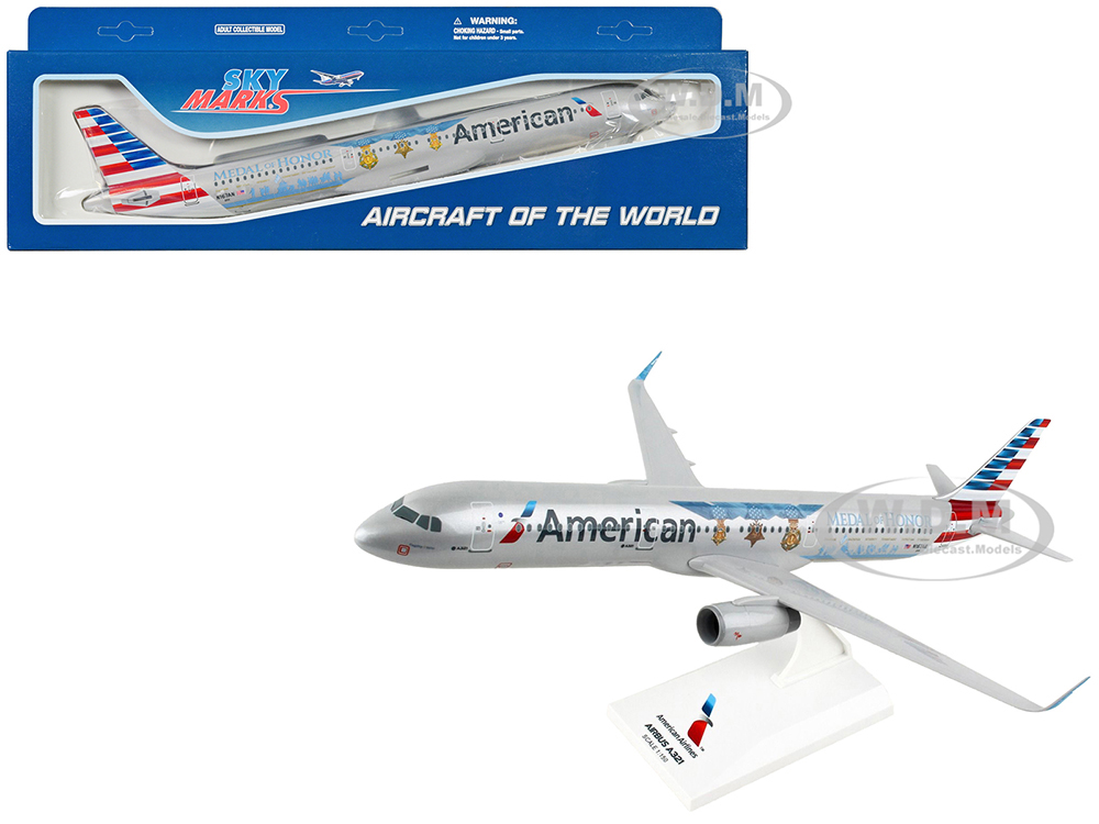 Image of Airbus A321 Commercial Aircraft "American Airlines - Medal of Honor" (N167AN) Gray with Red and Blue Tail (Snap-Fit) 1/150 Plastic Model by Skymarks