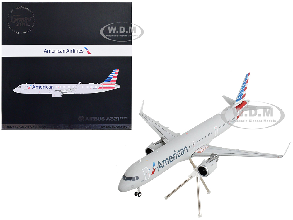 Image of Airbus A321neo Commercial Aircraft "American Airlines" Silver with Striped Tail "Gemini 200" Series 1/200 Diecast Model Airplane by GeminiJets