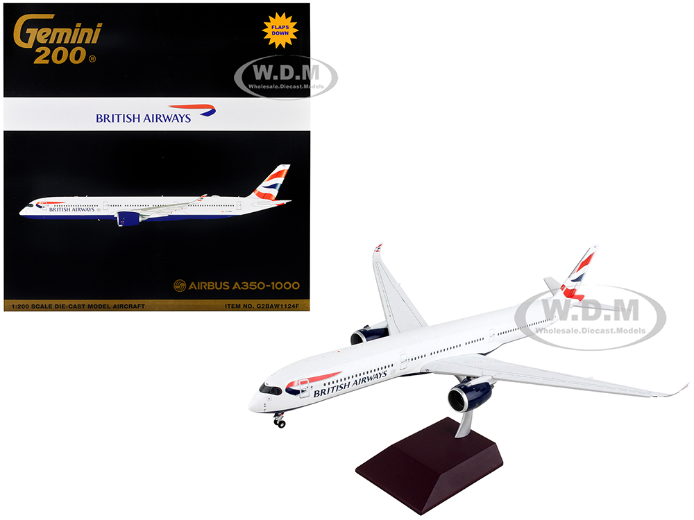 Image of Airbus A350-1000 Commercial Aircraft with Flaps Down "British Airways" White with Striped Tail "Gemini 200" Series 1/200 Diecast Model Airplane by Ge