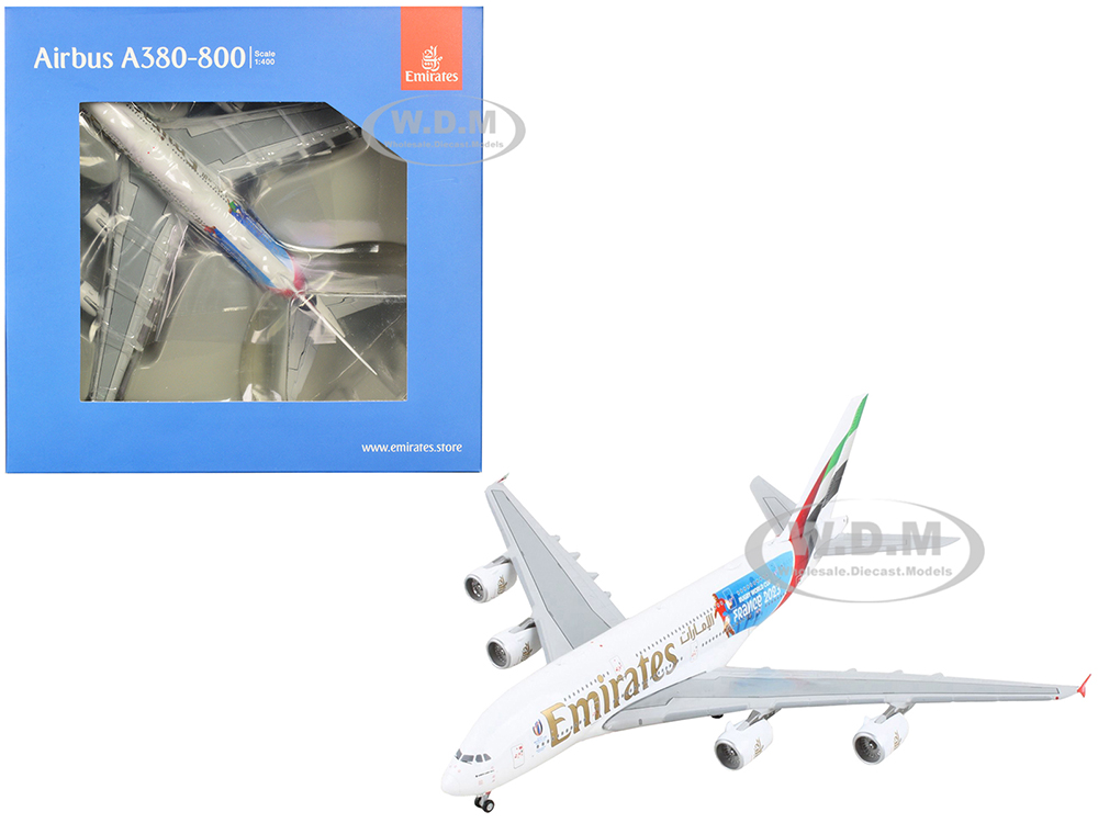 Image of Airbus A380-800 Commercial Aircraft "Emirates Airlines - 2023 Rugby World Cup Sponsor" White with Striped Tail 1/400 Diecast Model Airplane by Gemini