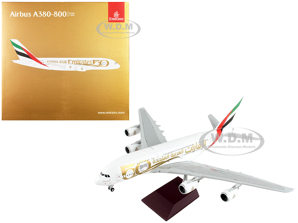 Image of Airbus A380-800 Commercial Aircraft "Emirates Airlines - 50th Anniversary of UAE" White with Striped Tail "Gemini 200" Series 1/200 Diecast Model Air