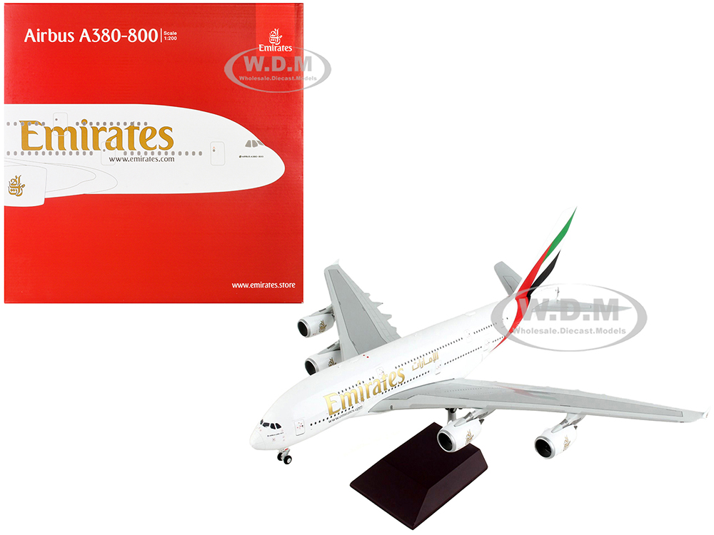 Image of Airbus A380-800 Commercial Aircraft "Emirates Airlines - A6-EUV" White with Striped Tail "Gemini 200" Series 1/200 Diecast Model Airplane by GeminiJe
