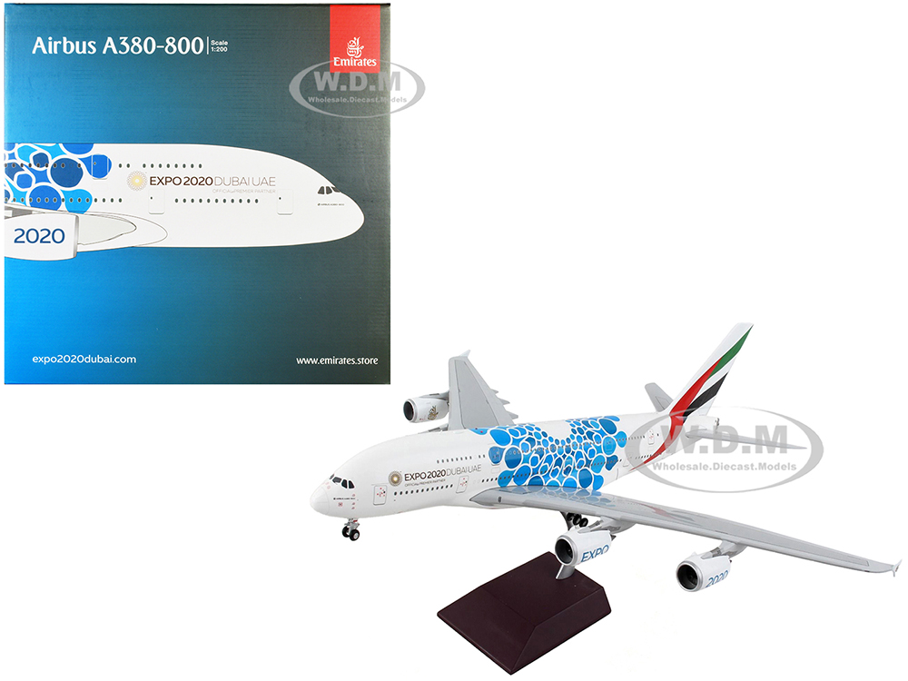 Image of Airbus A380-800 Commercial Aircraft "Emirates Airlines - Dubai Expo 2020" White with Blue Graphics "Gemini 200" Series 1/200 Diecast Model Airplane b