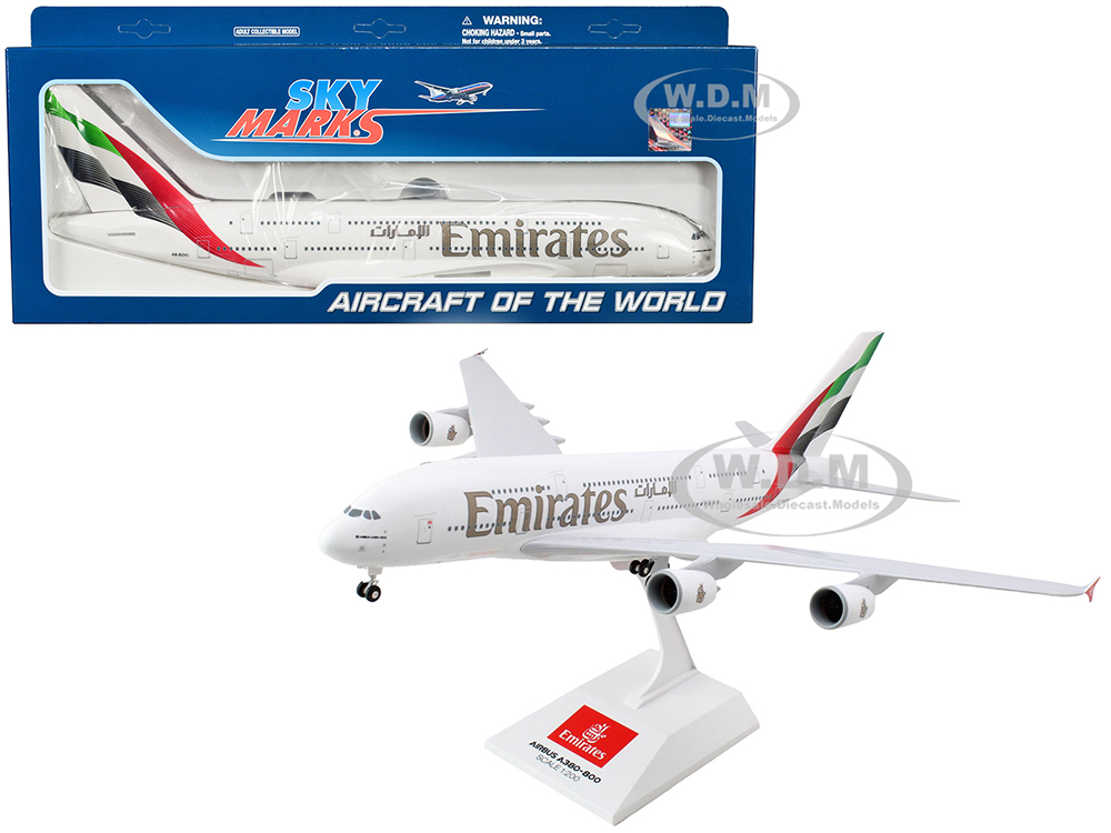 Image of Airbus A380-800 Commercial Aircraft with Landing Gear "Emirates Airlines" (A6-EOG) White with Tail Graphics (Snap-Fit) 1/200 Plastic Model by Skymark