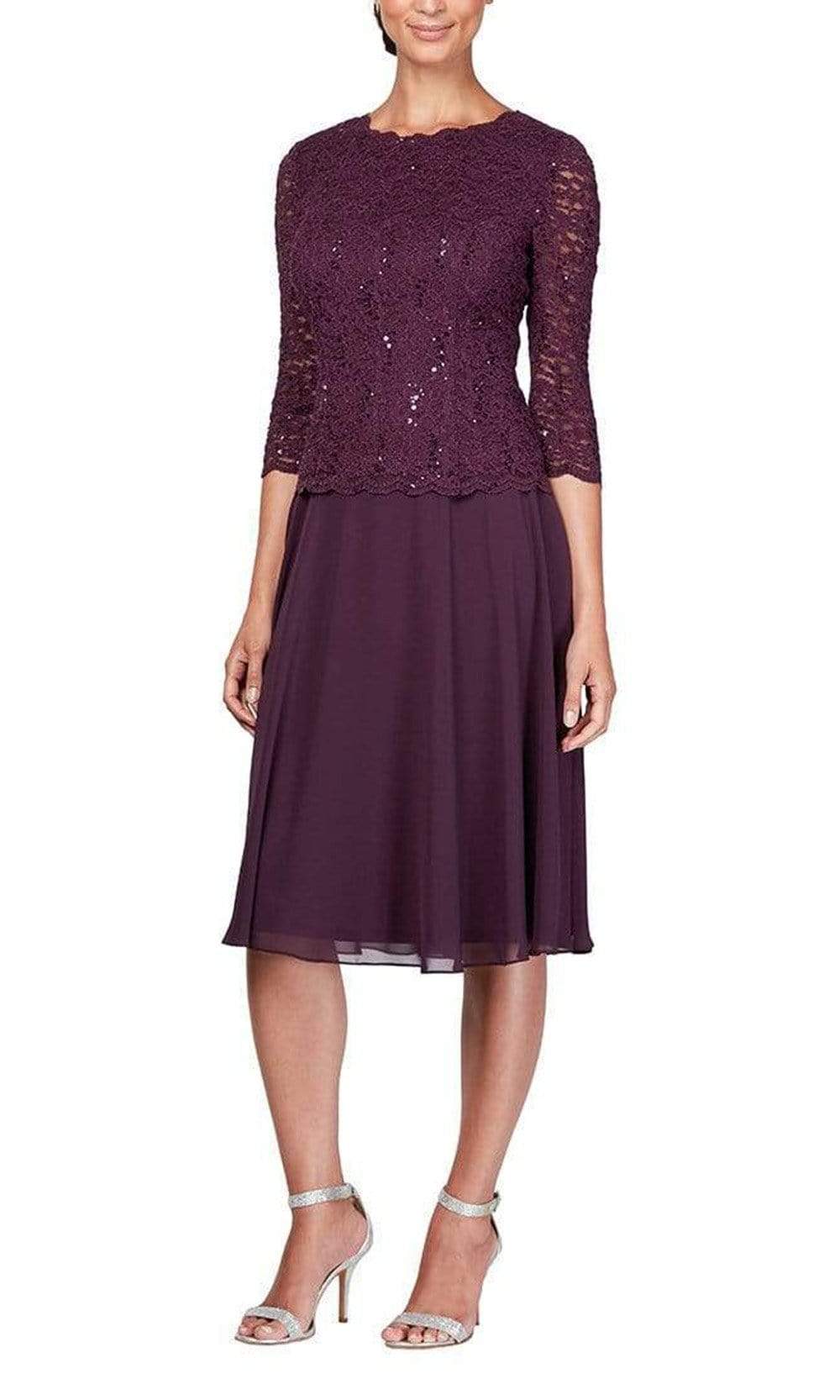 Image of Alex Evenings - 1121796 Scallop Lace Top Tea Length Chiffon Dress