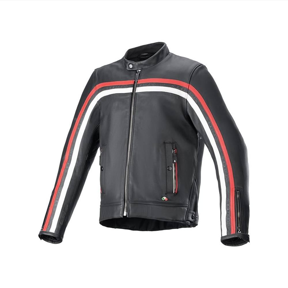 Image of Alpinestars Dyno Leather Jacket Black Ruby Red Ecru Size 2XL EN