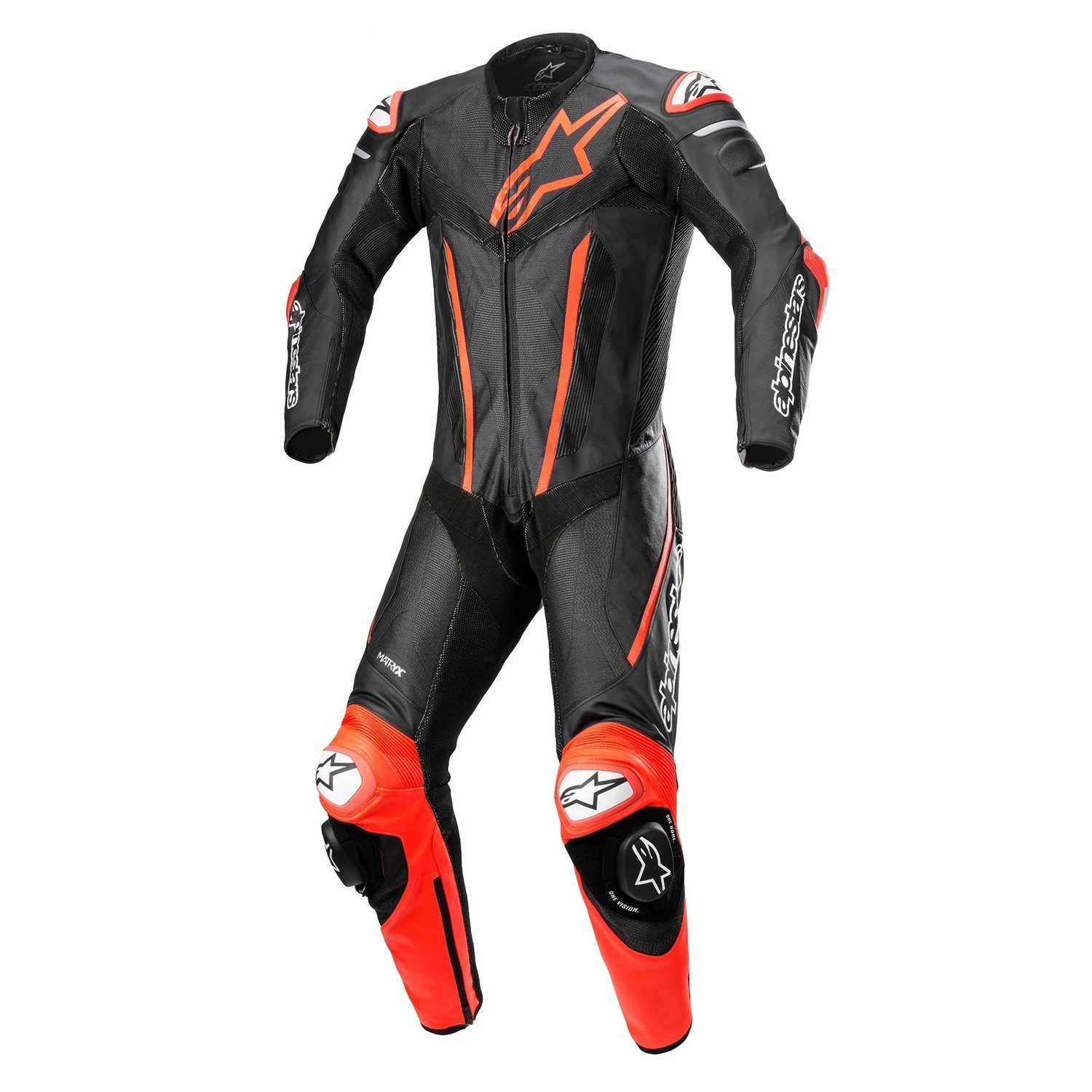 Image of Alpinestars Fusion Leather One Piece Suit Black Red Fluo Size 54 EN