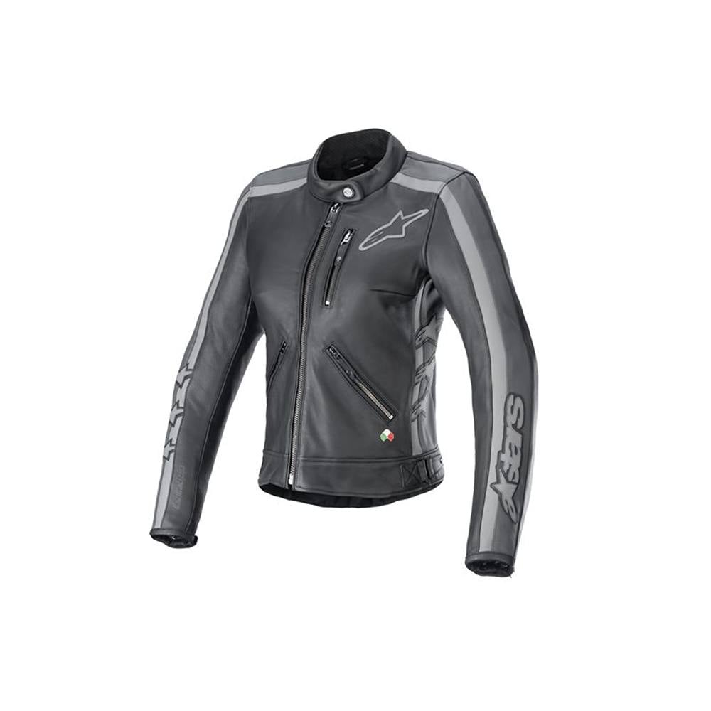 Image of Alpinestars Stella Dyno Leather Jacket Black Tar Gray Dark Gray Size XL ID 8059347354255