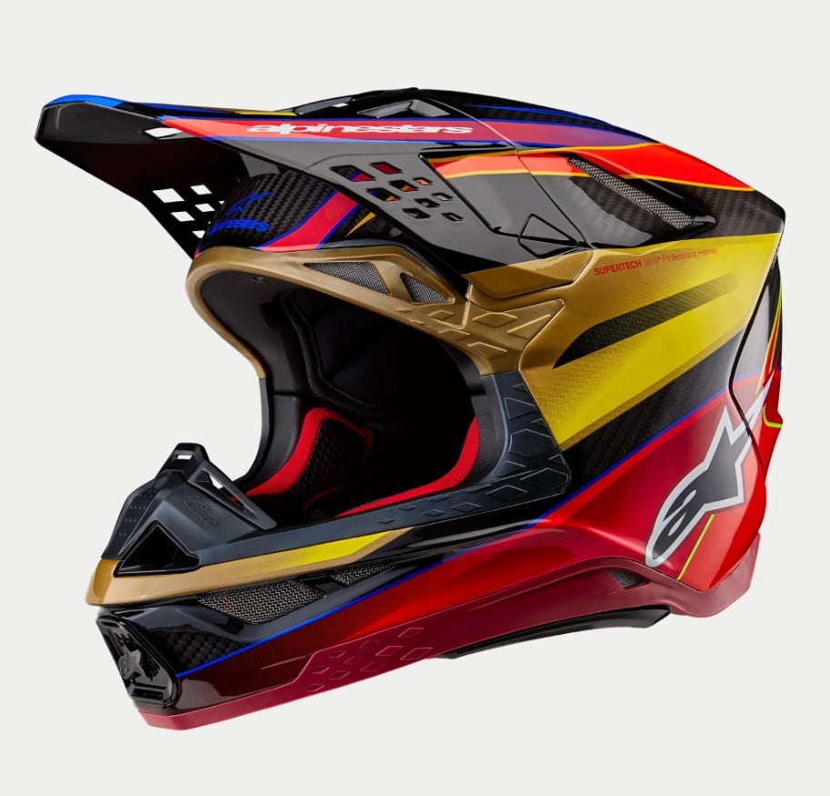 Image of Alpinestars Supertech S-M10 Era Helmet Ece 2206 Gold Yellow Rio Red Glossy Größe 2XL