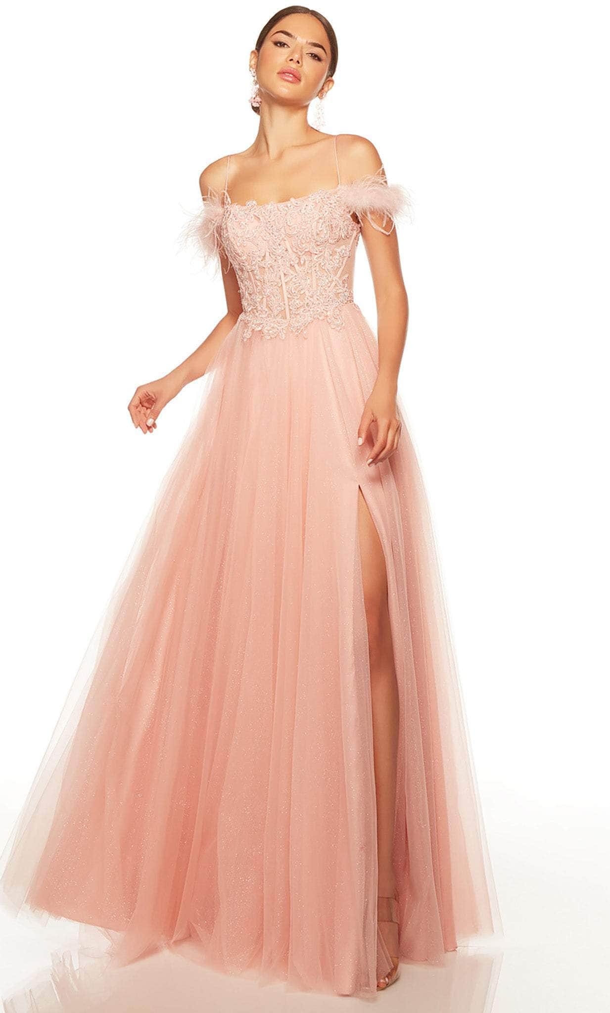 Image of Alyce Paris 61328 - Feathered Off Shoulder Evening Gown
