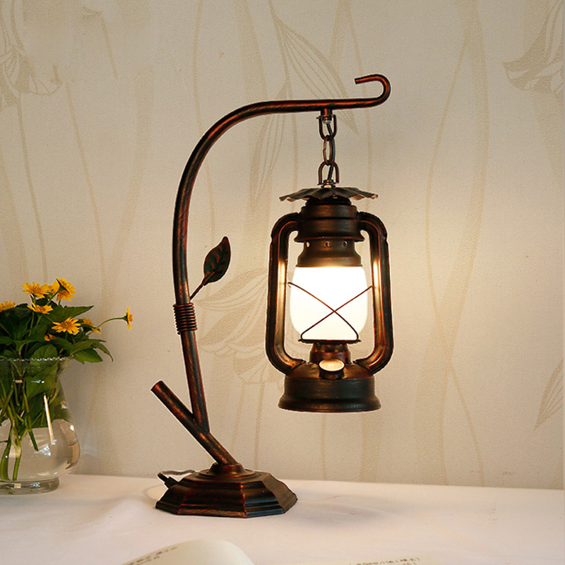 Image of American Country Retro Table Lamp Wrought Iron Desk Lamp Creative Bedroom Kerosene Lamps Antique Nostalgic Coffee Study Bedside Lighting