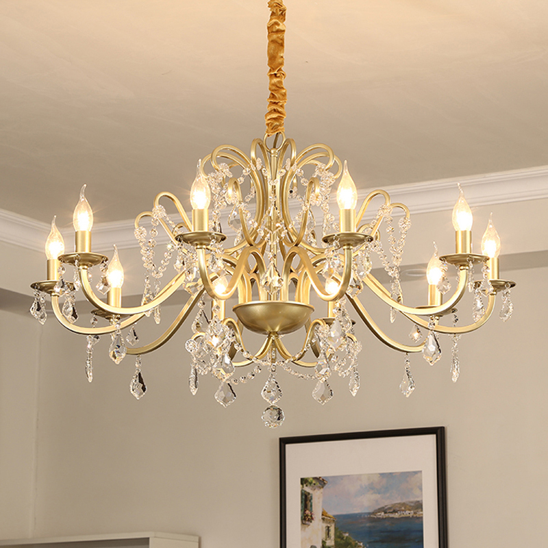 Image of American Crystal Chandelier Lighting Living Room Bedroom Crystal Lamp Modern Creative Iron Candle Chandeliers Simple Restaurant Pendant Lamps