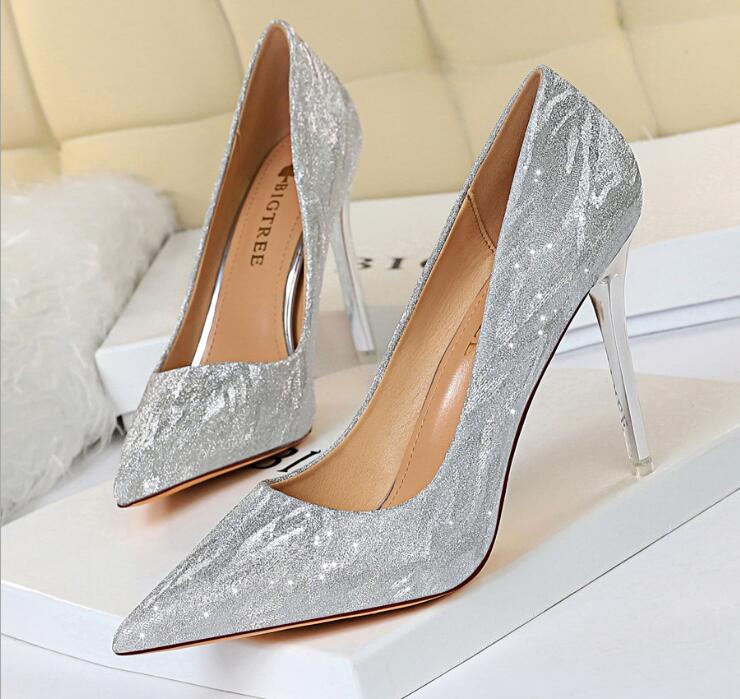 Image of American High Heels Women&#039s Wedding Shoes Teels Shallow Mouth Pointed Sequins Sexy Show Thin Night Club Single party Shoeses