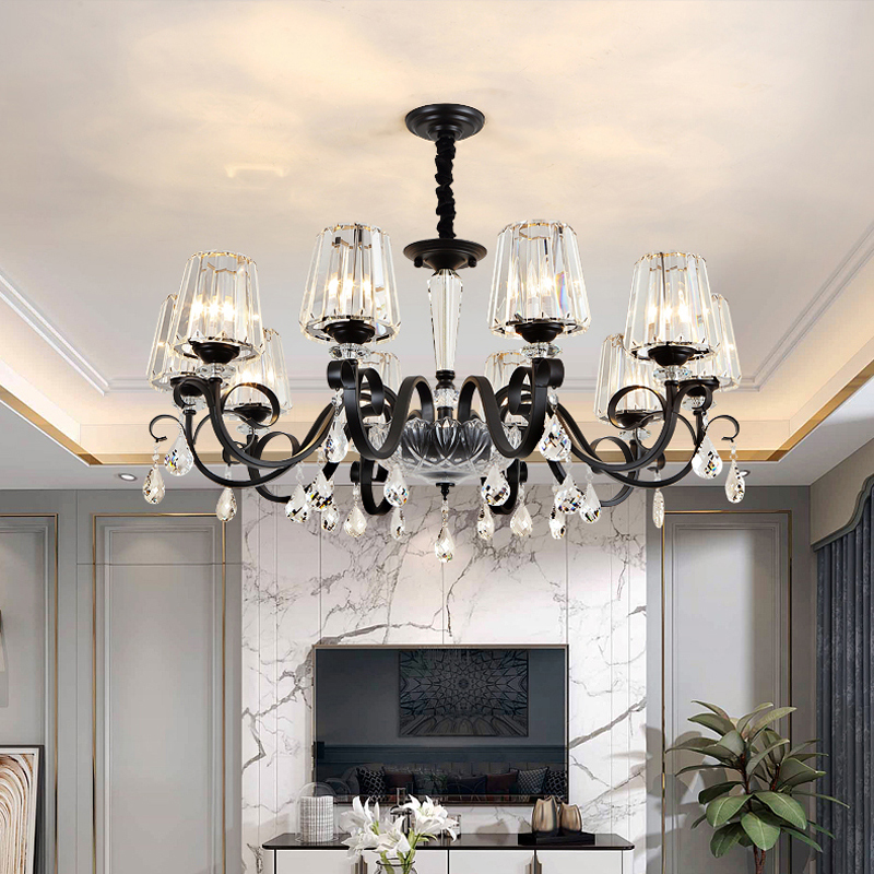 Image of American Living Room Chandeliers Modern Atmosphere Hotel Villa led Crystal Chandelier Lighting Simple Dining Black Crystal Pendant Lamp