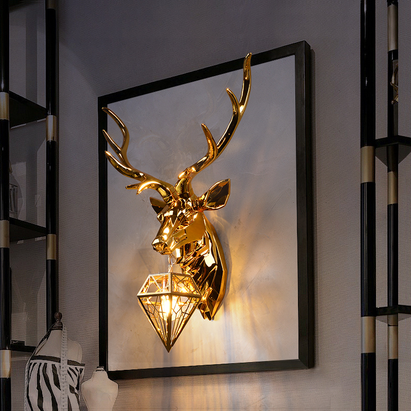 Image of American Lucky Deer Head Wall Lamps Living Room Bedroom Background Decoration led Wall Lights Hotel Club Miroor Creative Fashion Antler Lamp