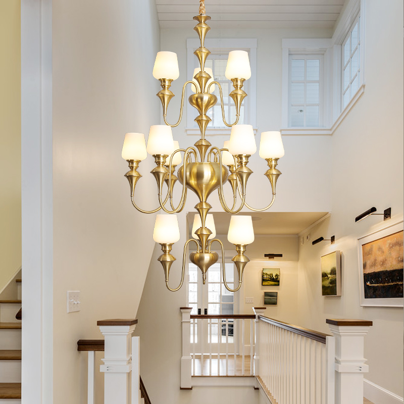 Image of American Staircase Lamp Copper Long Chandelier Three-layer Glass Chandelier Lighitng Modern Villa Duplex Building Hotel Hollow High Pendant lamps