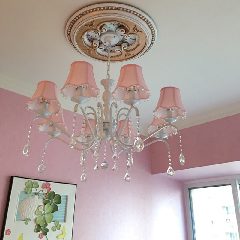 Image of American children&#039s room lamps chandelier girl Princess Pink cloth simple European Mediterranean bedroom iron crystal Chandeliers Boutique lights