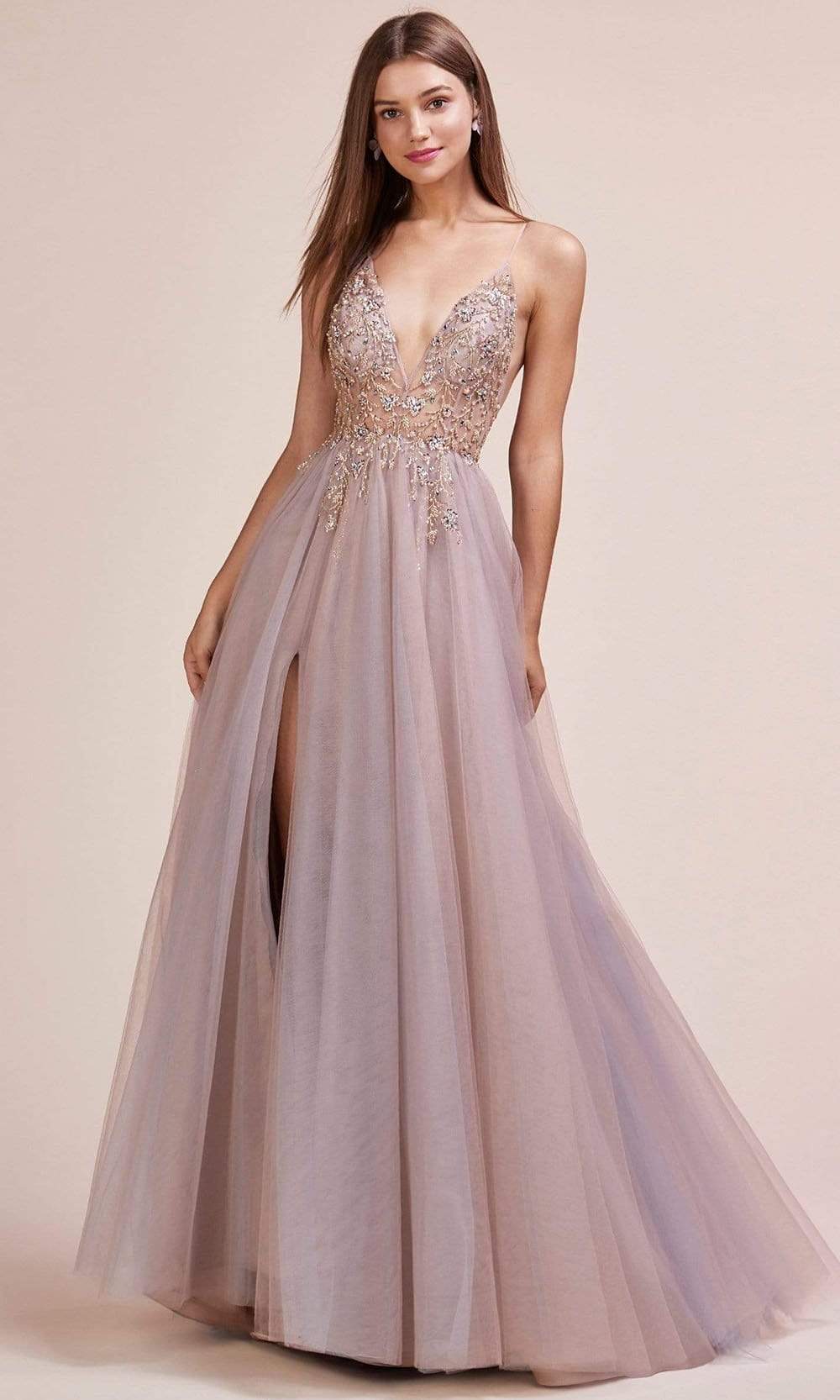 Image of Andrea and Leo - A0672 Illusion Beaded Bodice Simple Prom A-Line Gown