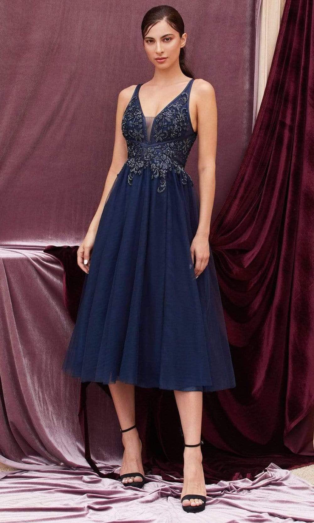 Image of Andrea and Leo - A0762S Beaded Plunging V Neck Tea Length Dress