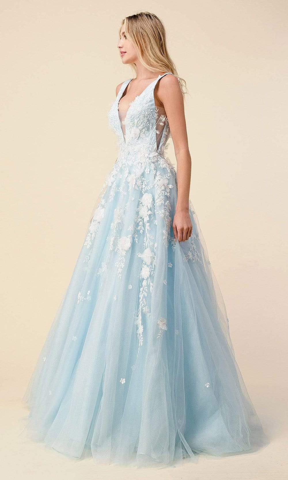 Image of Andrea and Leo - A1028 Floral Applique Deep V Junior Prom Gown