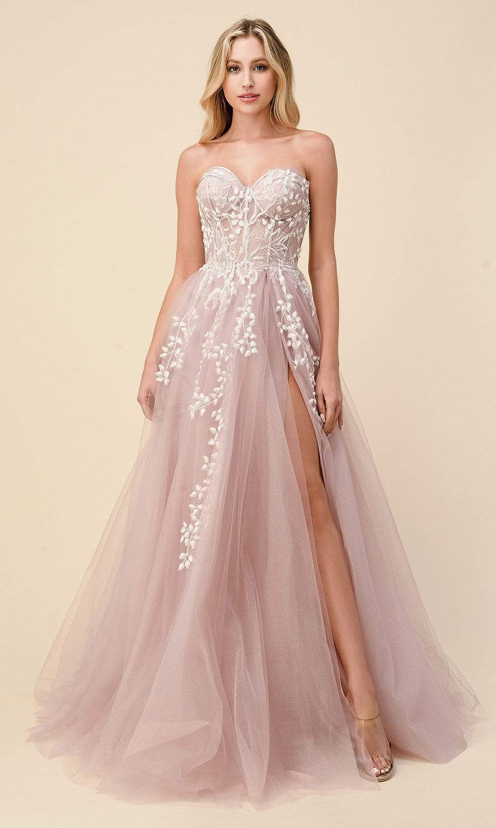 Image of Andrea and Leo - A1029 Strapless Corseted Tulle Simple Prom Gown